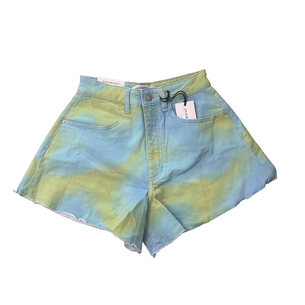 WeWoreWhat Blue Tie Dye Flare Bell Short 24 Stretch Twill Denim High Rise NWT